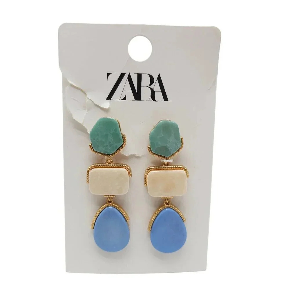 Zara Geometric Drop Earrings With Faux Green Cream and Blue Stones